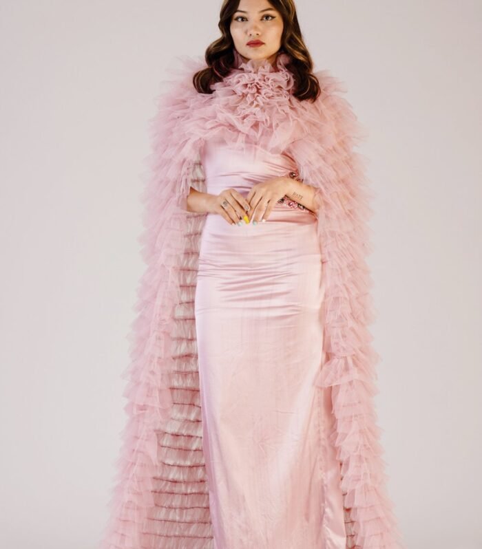 Power dress with highly emblished cape attachment