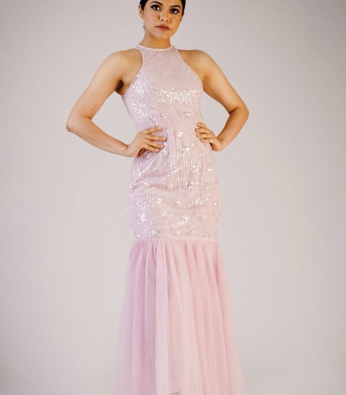 Sequence fabric haltered mermaid gown