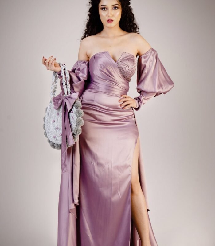 Strapless slit gown  added with bell sleeve